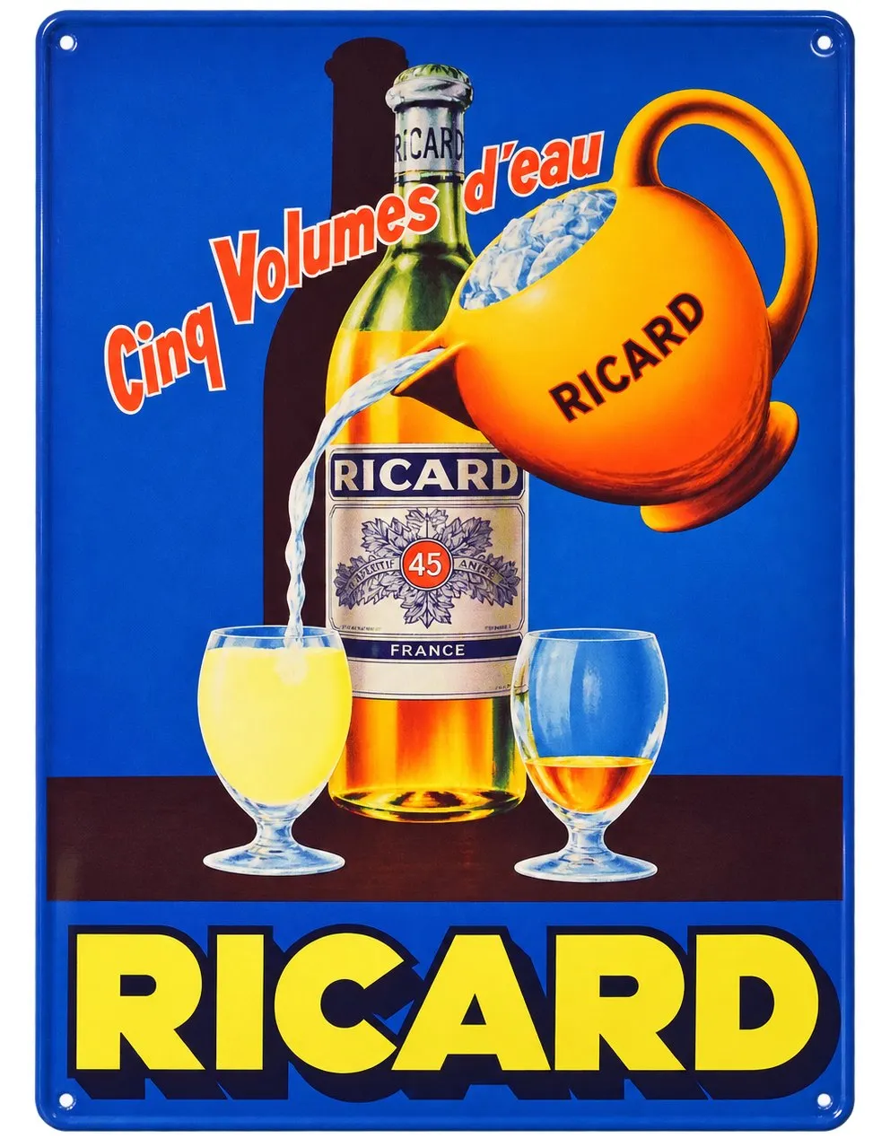 Placa Ricard «Cinq volumes d’eau» amb l’ampolla i la gerra