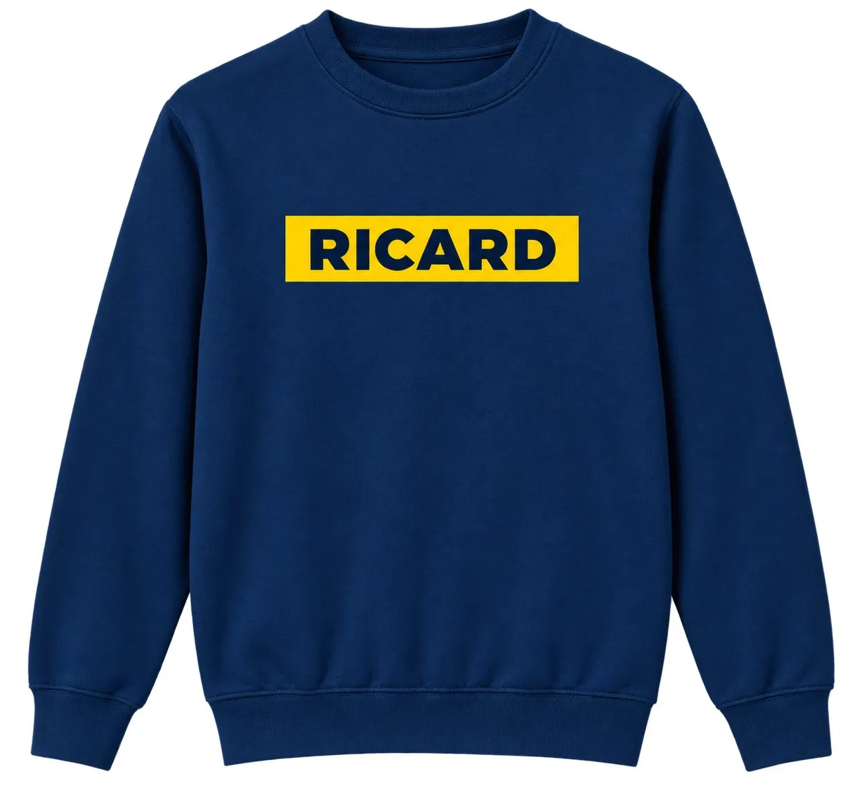 Dessuadora Ricard blau marí amb el logo sobre fons groc
