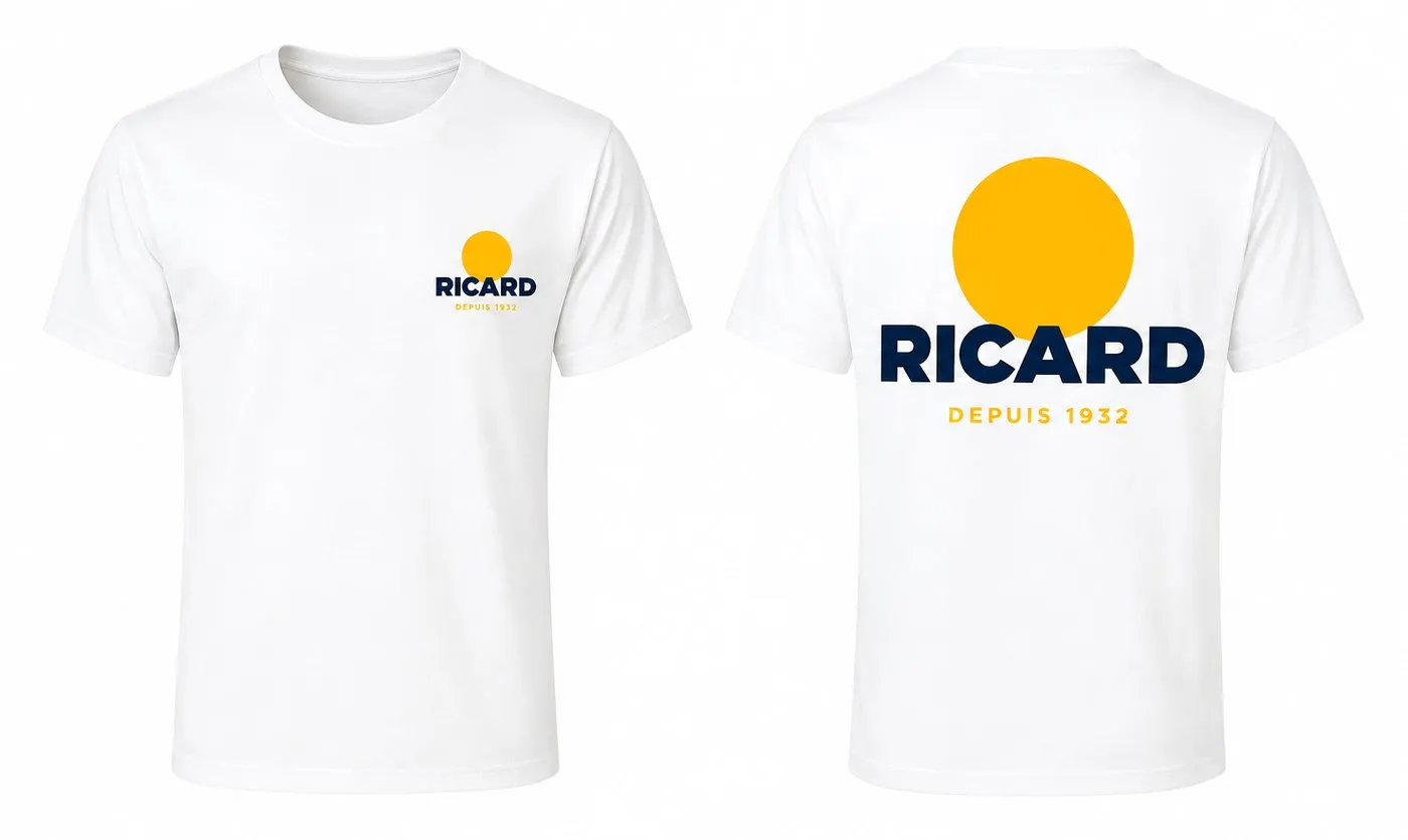 Samarreta Ricard blanca, davant i darrere, amb el sol de Ricard